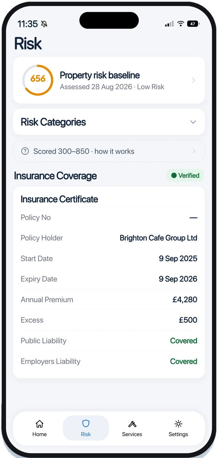 Hopin risk screen showing a verified insurance certificate with policy holder, start and expiry dates and liability cover
