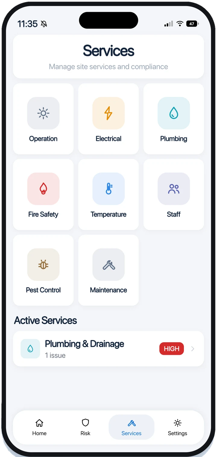 Hopin services screen: operation, electrical, plumbing, fire safety, temperature, staff, pest control and maintenance