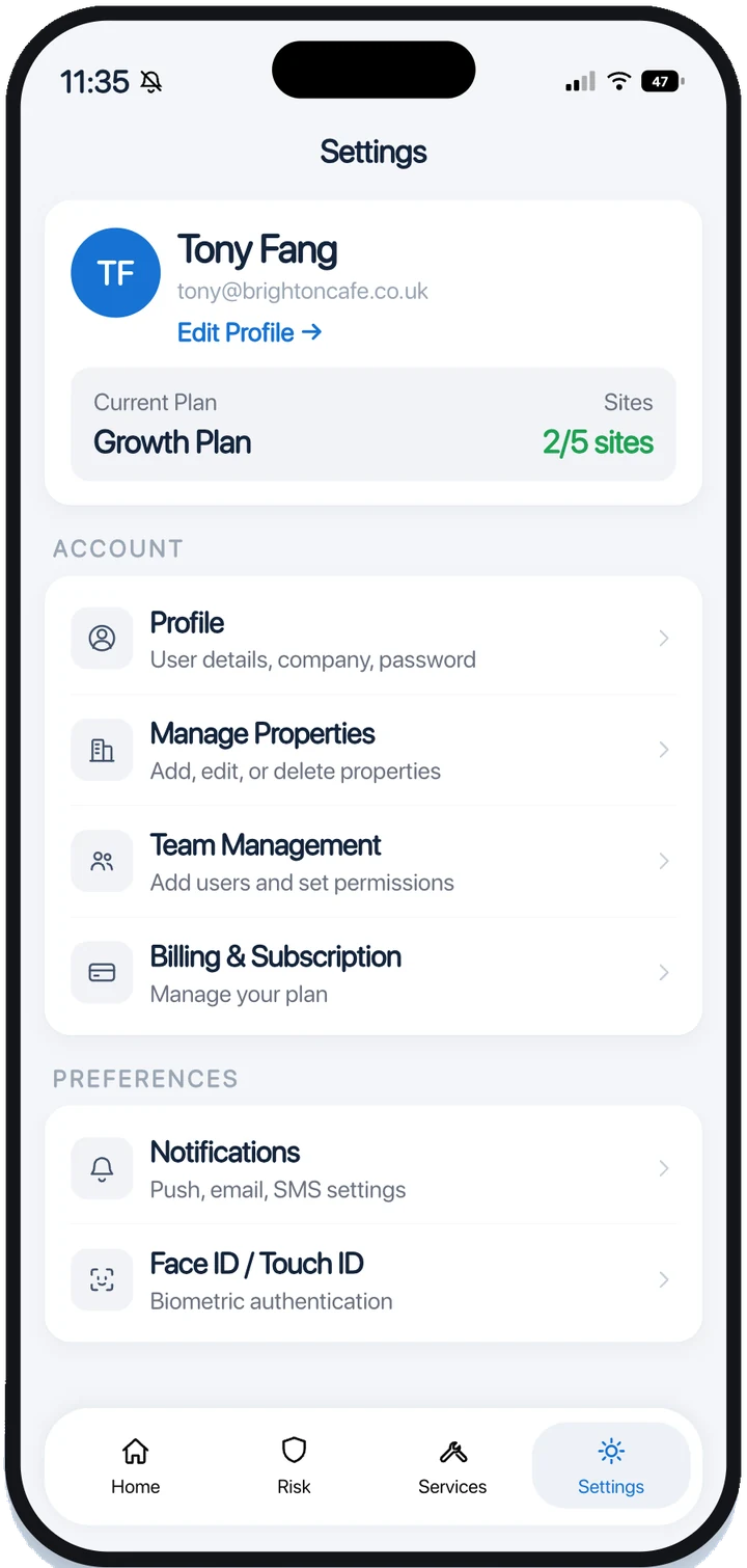 Hopin settings screen: profile, Growth plan with 2 of 5 sites, manage properties, team management, billing, notifications and Face ID
